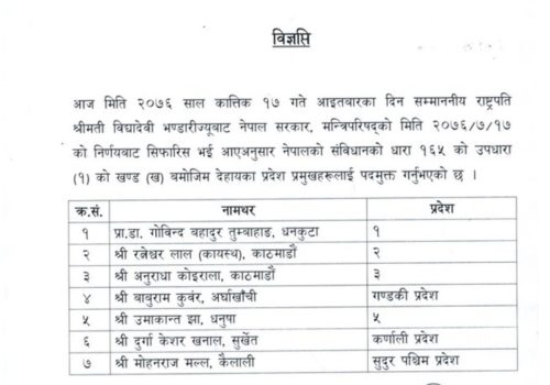 सातै प्रदेशका प्रदेश प्रमुखहरु पदमुक्त